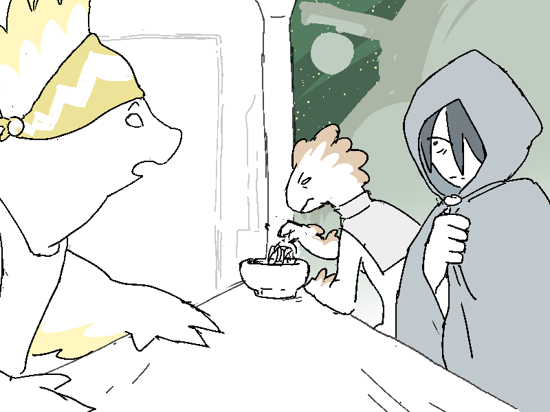 Jiro approaches the stand to get a better look at the product. There's another Avean chewing xeir noodles on a stool next to him. The Noodlesmith meets him at the counter to make conversation.