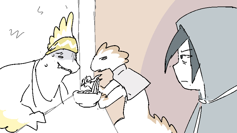 The two Aveans stare blankly at Jiro. After a moment that lasts a second too long, the Noodlesmith breaks the ice with a pained smile.