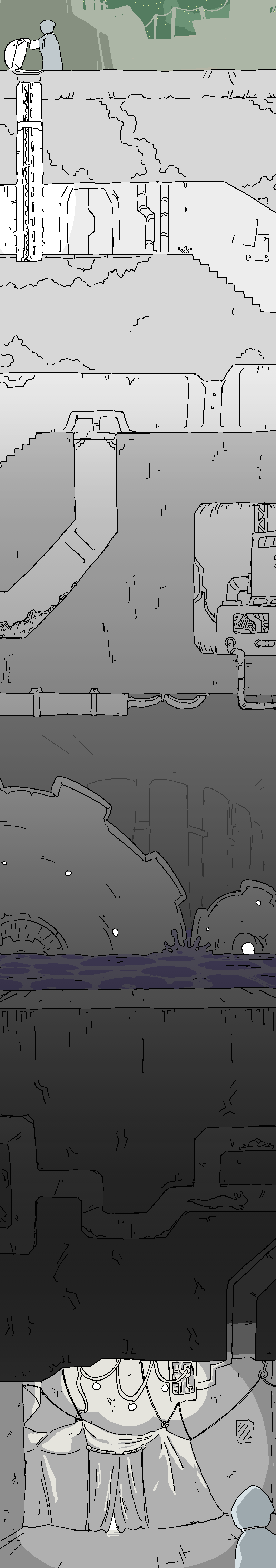 Jiro enters into a maintenance shaft and travels down, down past the sprawling tunnelways and the vast churning machinery that groans beneath the Avean Empire, to a small forgotten maintenance corridoor at the bottom of the world. There's a little tent set up there, adorned with wires and lights plugged into an overhead junction that was probably not intended to be wrenched open like that.
