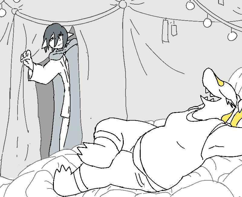 Jiro enters into the tent where he finds Sunny kicking back in a pile of fabrics and blankets.