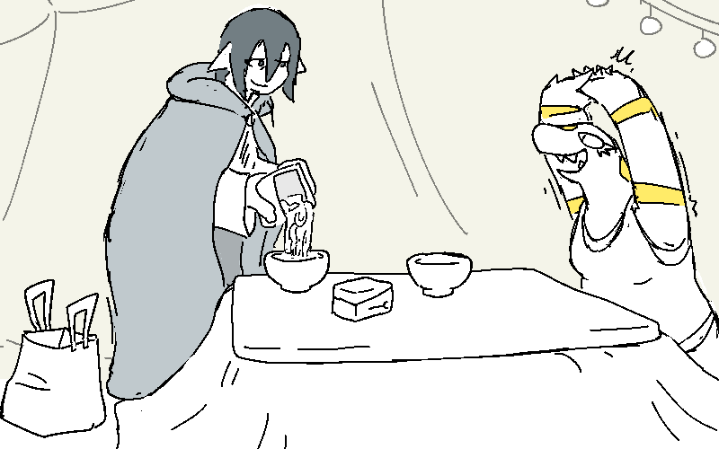 Sunny sits at a little mock kotatsu and while Jiro lays out their noodles.