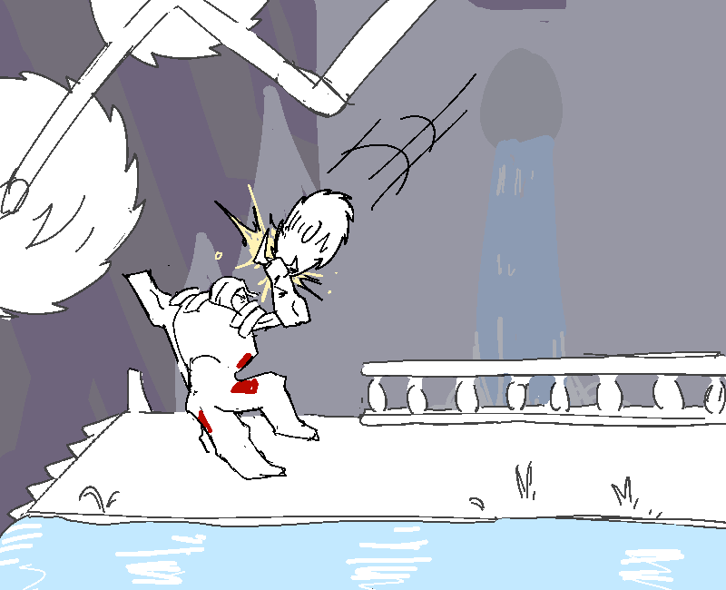 She proceeds to the other side. She runs past weeping cathedrals, blocking sawblades with her already-damaged arm.