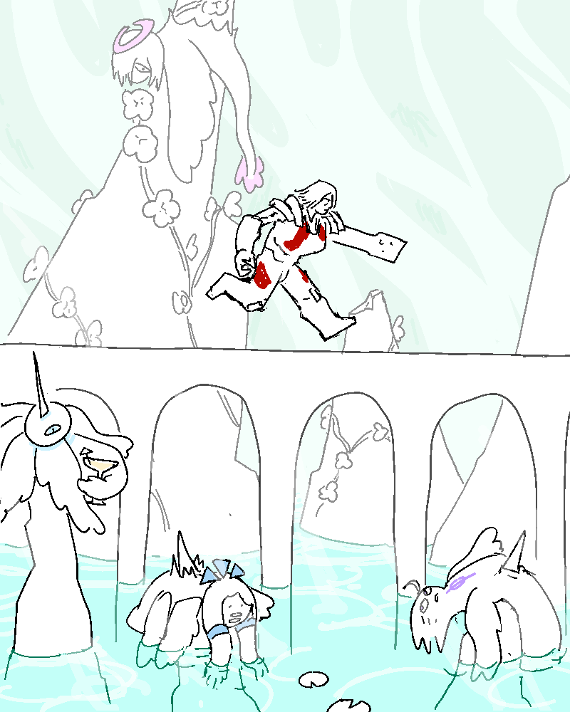 She runs along an arched bridge. Angels impaled on spikes surround her, but this time they're not so miserable as before. They've been soothed by the sweet smell of flowers and the warmth of a hot spring that's bubbled up around them.