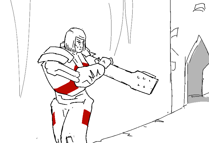 She wanders across a battlement through a crumbling ruin. 