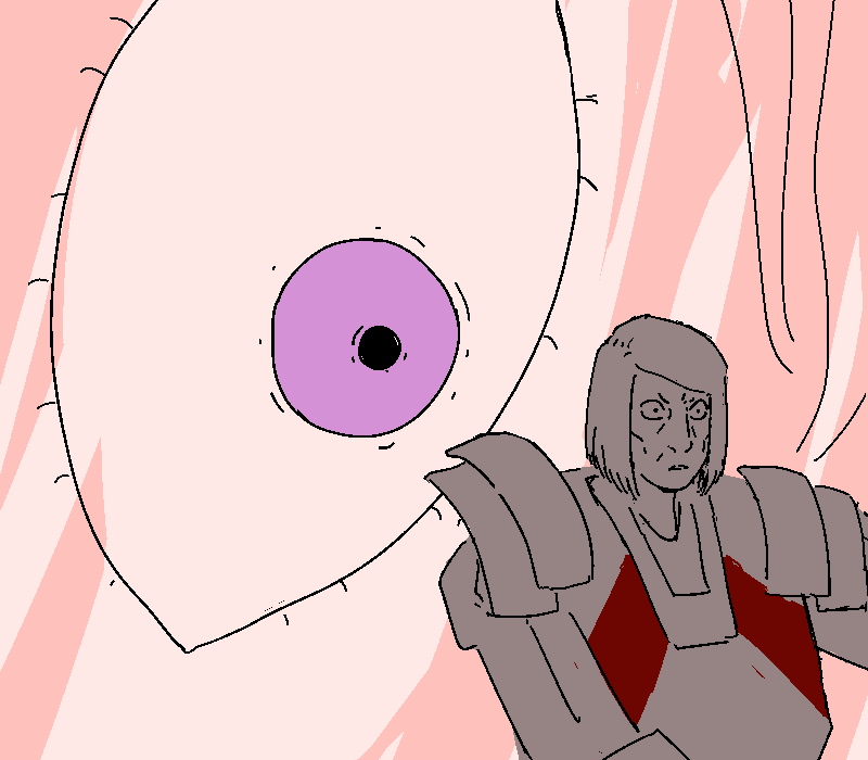 She's being watched. Behind her a giant eye, as big as she is, gazes right through her with a terrible glare.