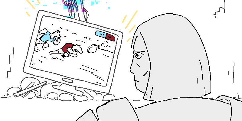 Clunk. Mercy suspects she misheard. She looks back around and sees it. There's a TV showing a game of rugby league.