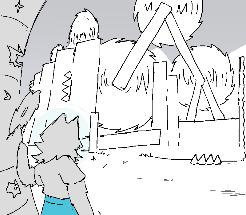 She halts beside a bullet-scarred palm tree. There's a wall of spikes and sawblades in her path that she definitely doesn't remember being here.