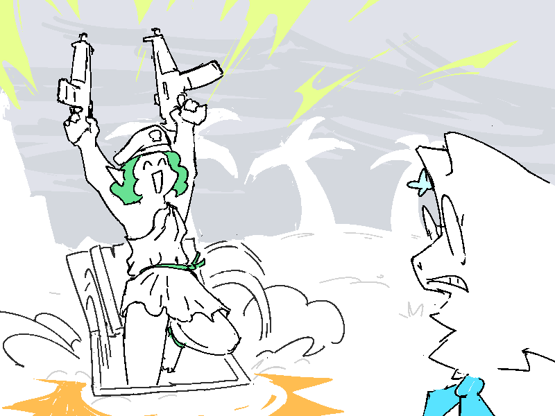 Rilly pops cheerily from a hidden dugout behind Coral. She's now wearing a beret and is equipped with dual submachineguns.