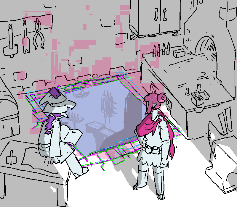 Polyta and Zabelle investigate a hole in the world in Helen's forge. A cavity opened up through the floor, through which cathedrals and spikes can be seen. Zabelle sits on a table with an open book.