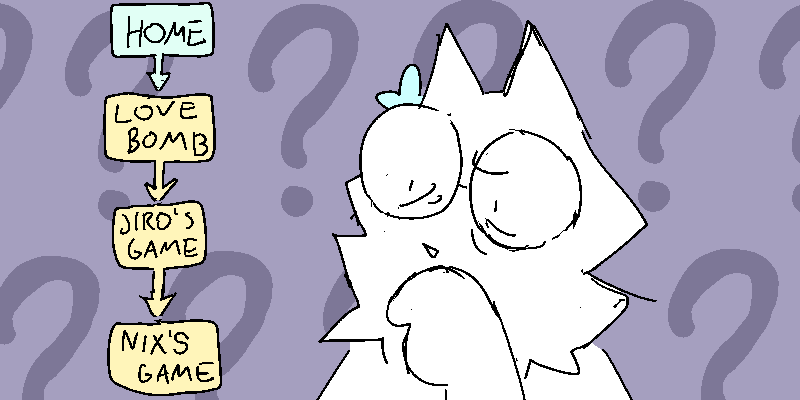 Coral puts a paw to her snout and bakes her brain trying to make sense of this whole situation. There's her world. And then she's playing a game, which is Love Bomb. And then Jiro plays a game which is Nix's world. And then Nix plays a game which is another world still...