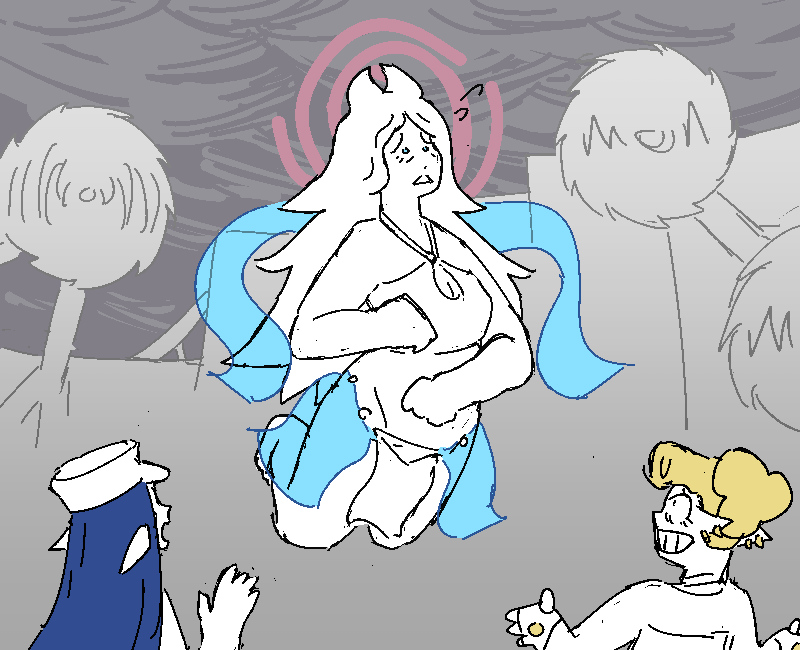 She looks around at all the sawblades and spikes. Casandra and Eladea try to calm her down
