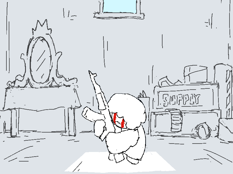 Nix is in Jiro's house. There's grenades and ammunition stacked in the corner. She struggles to hold a rifle in her wings.