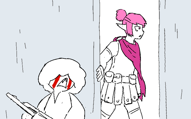 Polyta enters the hut, moving past Nix to retrieve supplies from the chest.
