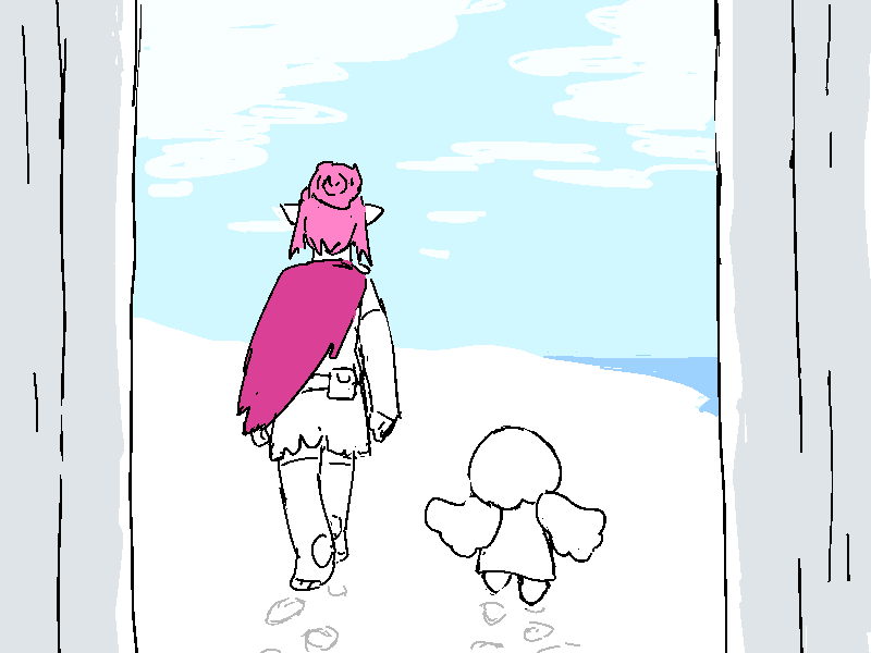Polyta and Nix leave Jiro's hut together, leaving parallel lines of footprints in the sand outside.