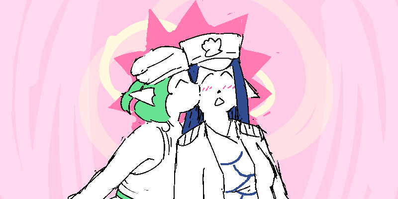 Rilly leans forward and plants a sudden, girlish peck on Eladea's cheek, who looks surprised and flustered.
