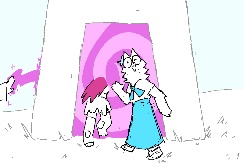 Polyta, Nix, Coral and Helen leave through the portal. Coral waves behind her as she goes.