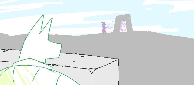 Meanwhile, perched behind a slab of stone, Rex watches.