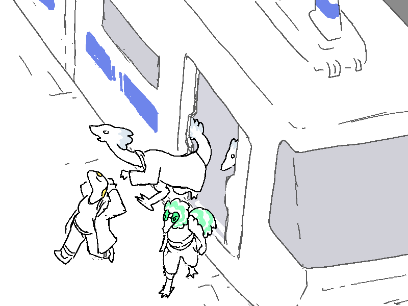 Sunny exits the tram with a small battery of Avean support workers.