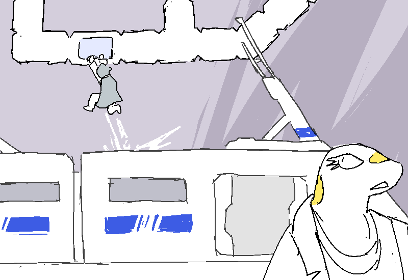 Jiro scurries across the tram and hops up to an opening in an overhanging vent shaft. As he hoists himself in Sunny glances up to him, makes sure everything's going to plan.