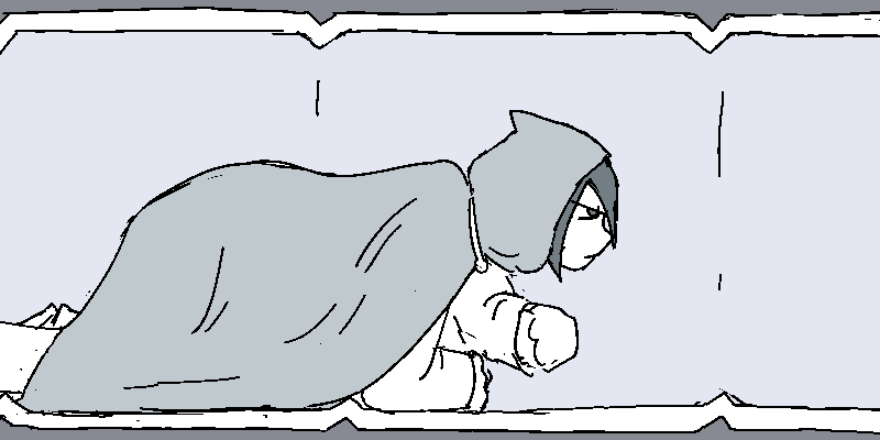 Jiro crawls through the vent. It's not very spacious in there, and the inner lining is cold and hard. Little dividers, where the sections of vent were welded together, bump against his knees and elbows while he pulls himself over them.