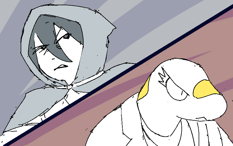 Splitscreen: Jiro grits his teeth and pushes onward. Meanwhile, Sunny walks ahead to see whatever Squarck's presentation is about..