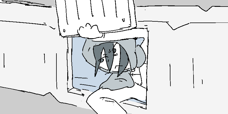 Jiro unlatches a vent panel from the inside and peers through.