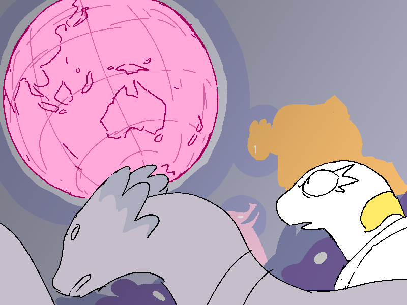 Sunny's in the crowd, not much paying attention to the argument. She's looking at the great big hologram of Earth.