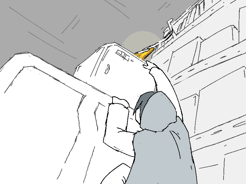He climbs a pile of boxes up to the yellow keycard.