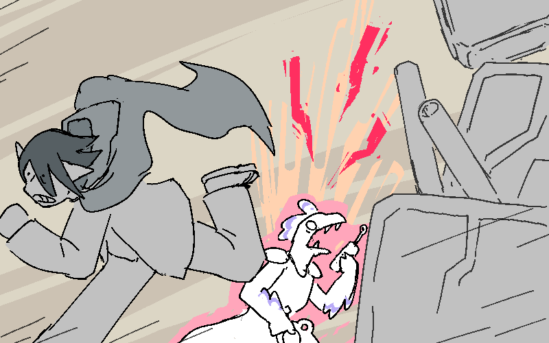 The grunt grabs a radio and begins shouting into it. Jiro pushes off the pile of boxes and breaks into a sprint!