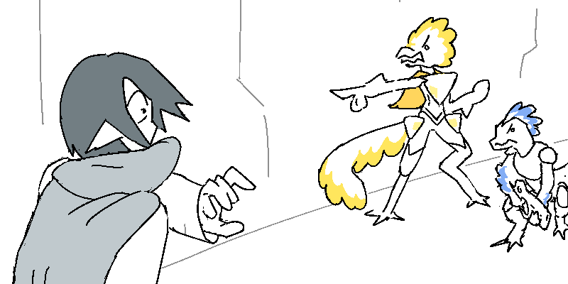 He skids to a halt-- there's a small squad down the hall!