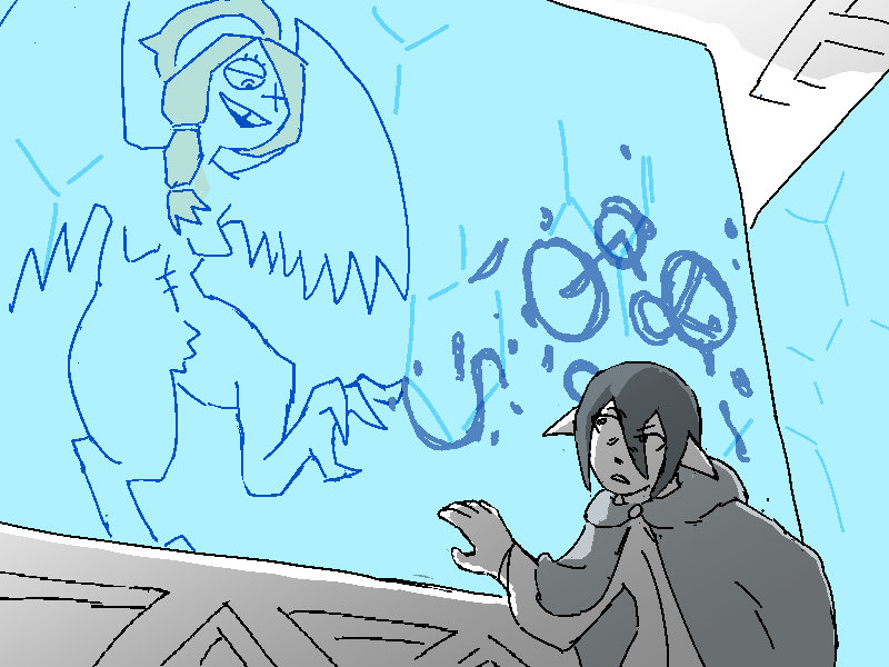 A voice emerges from a holo-cage Jiro's hiding behind. It's the harpy angel, writing runes with their claw on the forcefield walls surrounding them.
