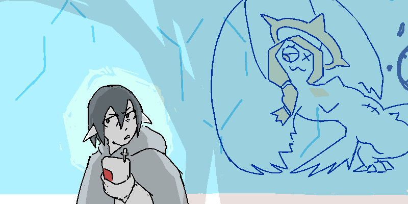 Jiro is still crouched behind the harpy angel's cage. He glances back and forth over his shoulder whole he talks into his communicator. The harpy angel is not even trying to hide that they're eavesdropping.