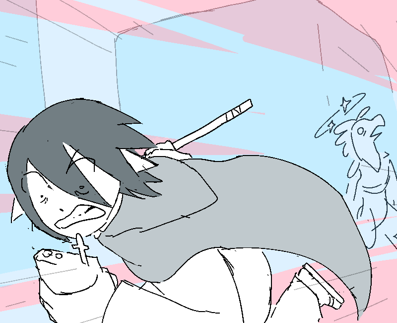 He runs away from the dazed Grunt. He's got his communicator clenched in his hand as he hisses into it.