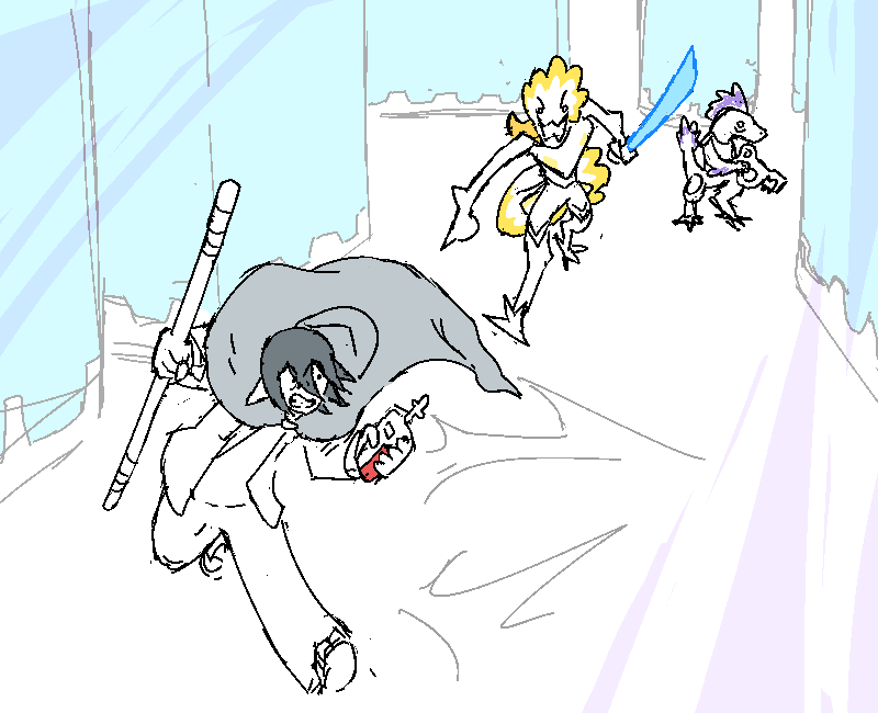 Jiro sprints through the xenobiology labs with the communicator raised to his ear. The Aveans make their pursuit close behind.