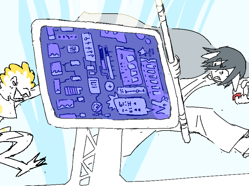 He scampers up to the screen, but he's perplexed by the complexity of it. The Captain is gaining on him...!