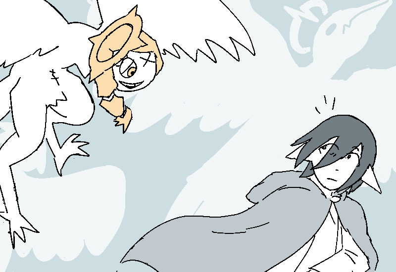 The harpy angel from before catches up to him.
