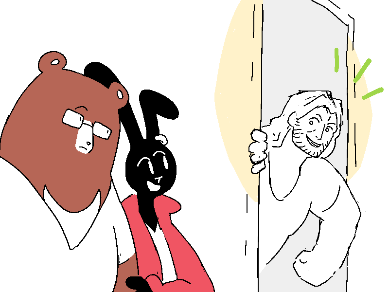 He pokes out of the spare room and calls out to Moon-Soo and Clip.