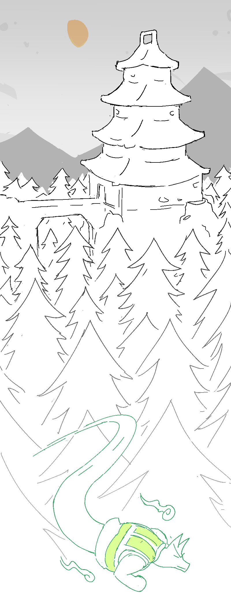 Beneath an ashen sky, a pagoda stands proud atop a rocky outcropping. It juts out from a rolling sea of pine trees. Beneath it, in the forest, Rex Mundy is looking for someone.