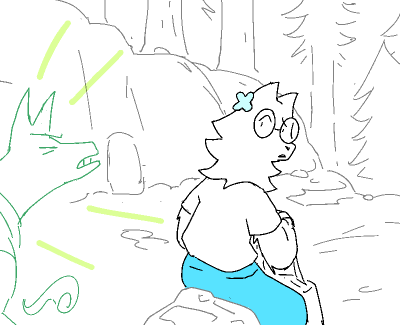 He finds her sitting deep in the wilds, sitting on a rock and fiddling with a shoulder bag. It's Coral! She's surprised to see him.