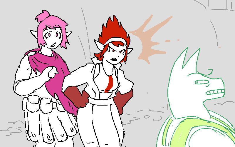 Helen and Polyta speak up. If Rex had thought to crane his head to the left at all, he would have noticed them standing there this whole time.