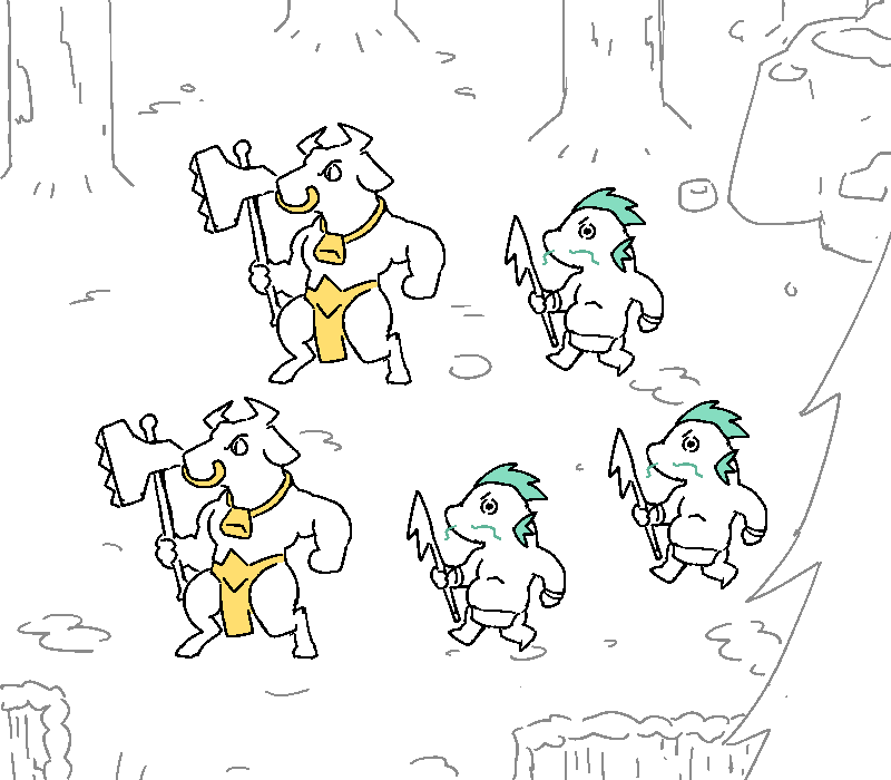 A collection of Proteus' men wander through the woods: two big beefy minotaurs, and three somewhat less beefy but still kinda yoked menfish