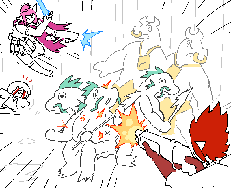 Polyta and Helen jump out from the underbrush and start shooting. Helen goes for the fish, while Polyta handles the minotaurs. Their targets are quite irritated from having gunfire thrup against their hide.