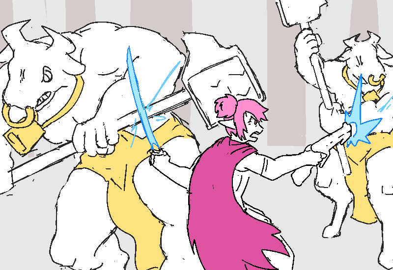 Polyta duels a minotaur with her hardlight blade, firing potshots at the other one with her blaster.
