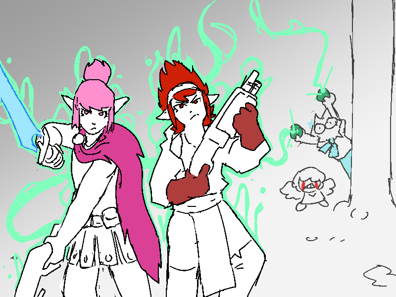 Coral, from behind a tree, raises up two orbs in both her hands. Streams of glowing green power shoot out of them to empower Helen and Polyta with crackling spirit energy!