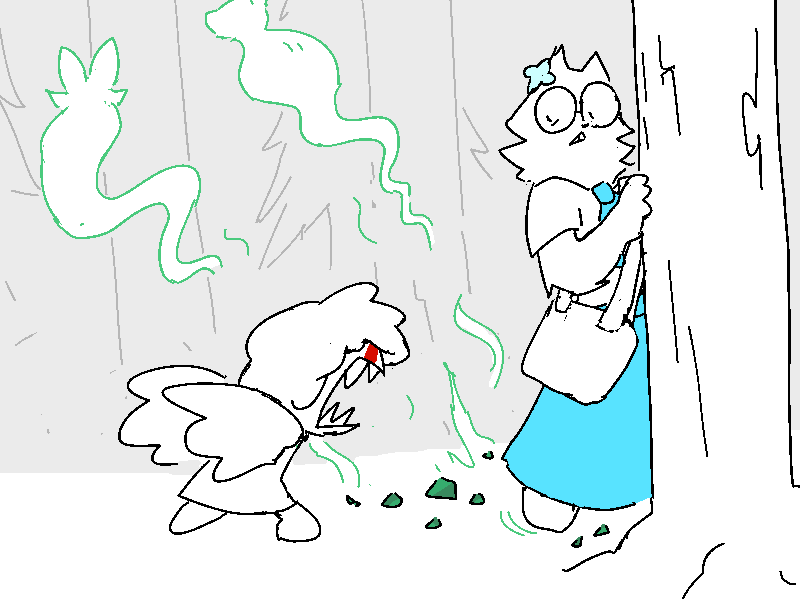 She runs over to yell at Coral, who is standing behind a tree among shards of shattered glass. Two spirits, fluttering free from the broken orbs, fly away into the woods.