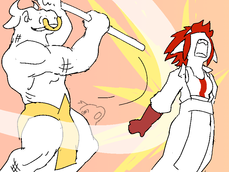 She's scarcely done asking the question when she feels the full force of a minotaur's hammer crack across her back. It sends her yelping to the ground.
