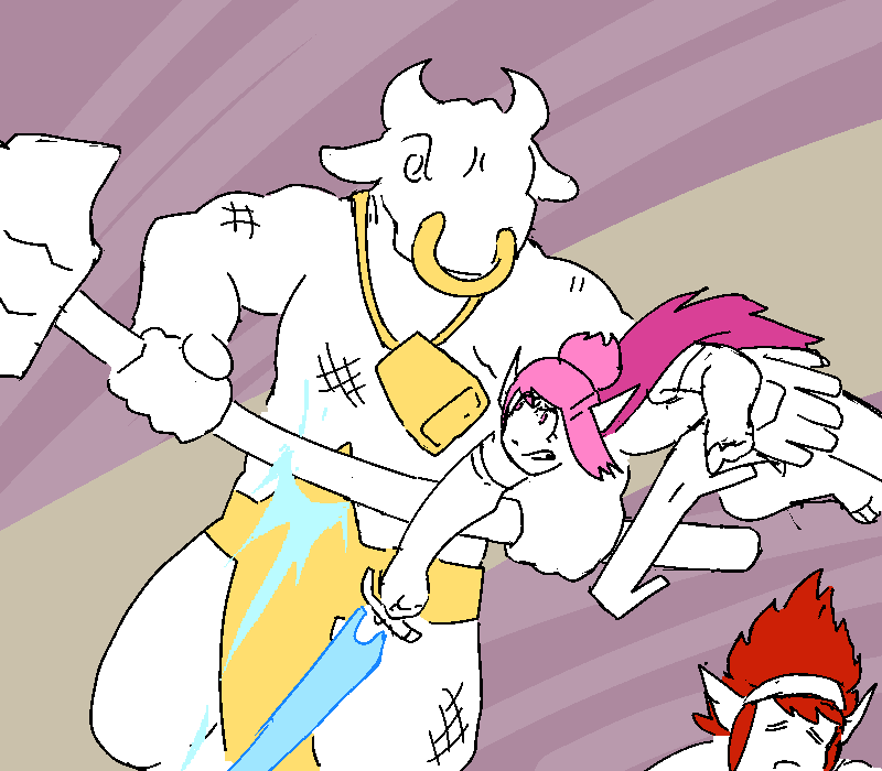 Polyta rushes to Helen's defense! She tries to drive the minotaur back with her sword, but he plants his hooves and calmly blocks her wild slashes.
