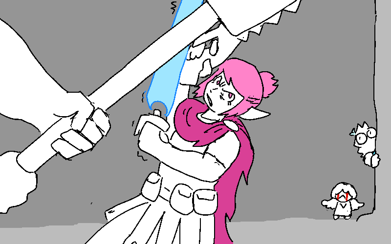 The minotaur retaliates with an overhead swing. Polyta blocks, but even with both hands she struggles to resist its sheer weight. She calls out to Coral.
