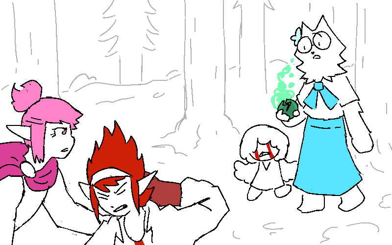 Polyta helps Helen up off her feet, Coral prances up to them. The orb in her hand is cracked deeply, and spiritual energy seeps out of it.