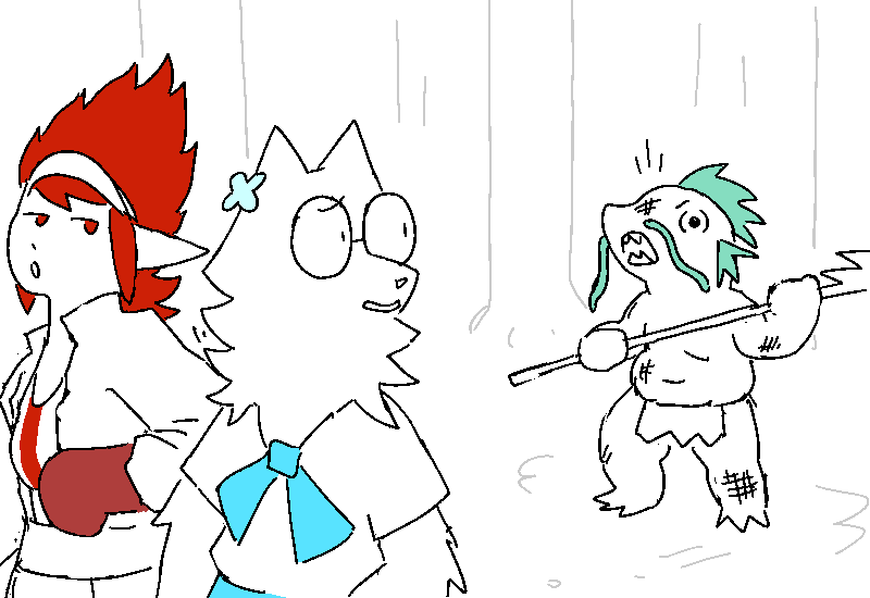 Helen nudges Coral and directs her attention to the last remaining Manfish, beaten and burned, yet still puffing his chest as always.
